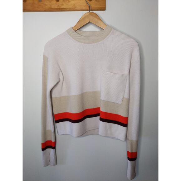 Athleta Sweaters - Athleta XS Cream Color Block Merino Wool Blend Cropped Sweater Coral Striped